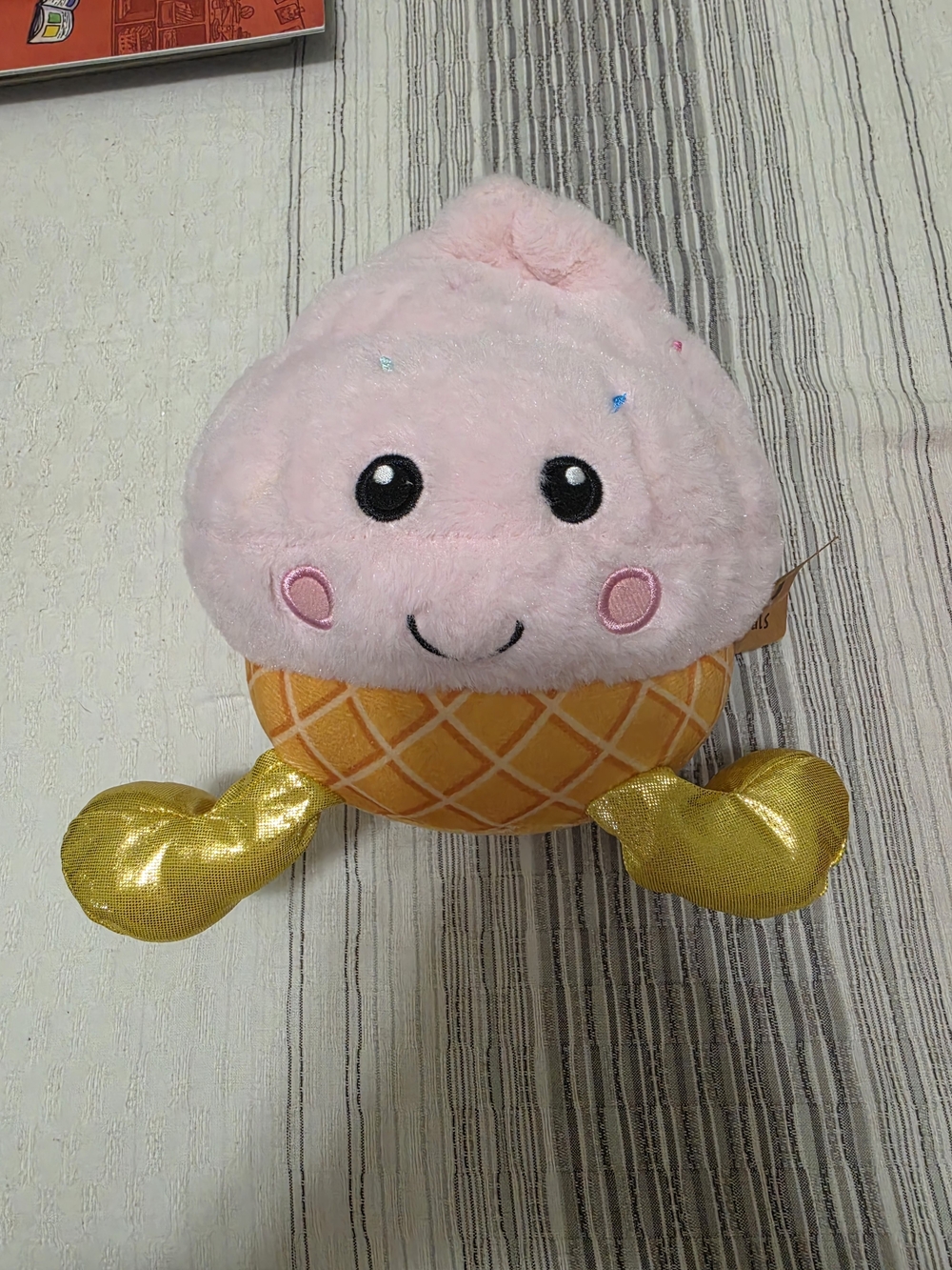 Pink Ice Cream Cone Plush with Shiny Gold Feet - Cute Kids Stuffed Toy